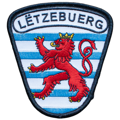 Wappen mit rotem Löwen auf blauen und weißen Streifen, Beschriftung: LËTZEBUERG.