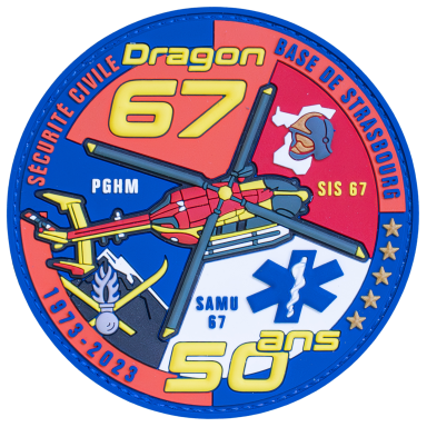 Dragon 67 - Strasbourg (50 Jahre-Patch #1) Abzeichen mit einem Hubschrauber, medizinischen Symbolen und Feier zum 50. Jubiläum.